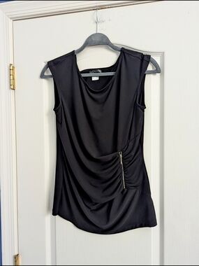 VENUS Black Draped Sleeveless Top with Side Zip Accent